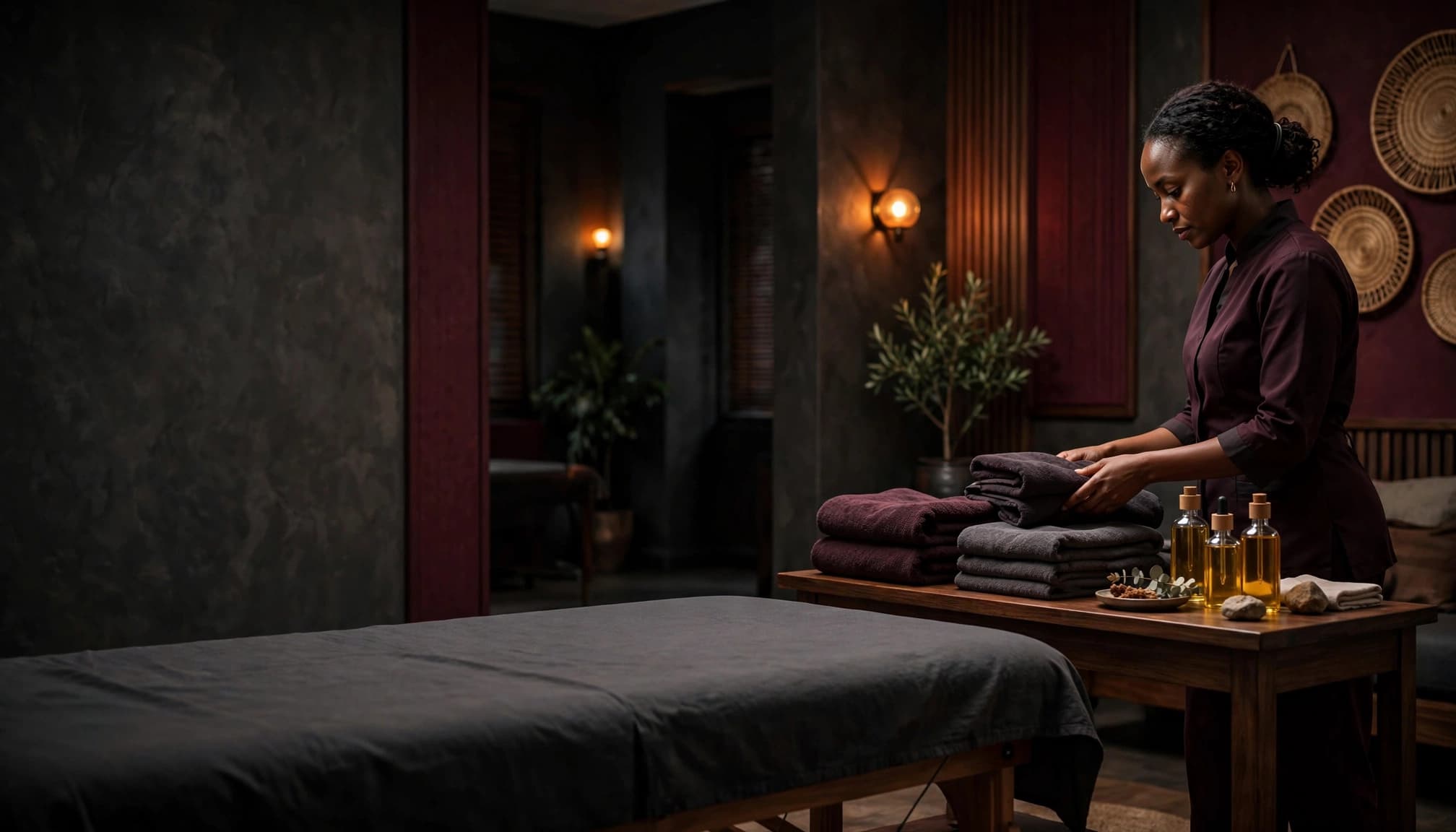A massage therapist prepares a clean room beside an empty table and neatly arranged supplies.