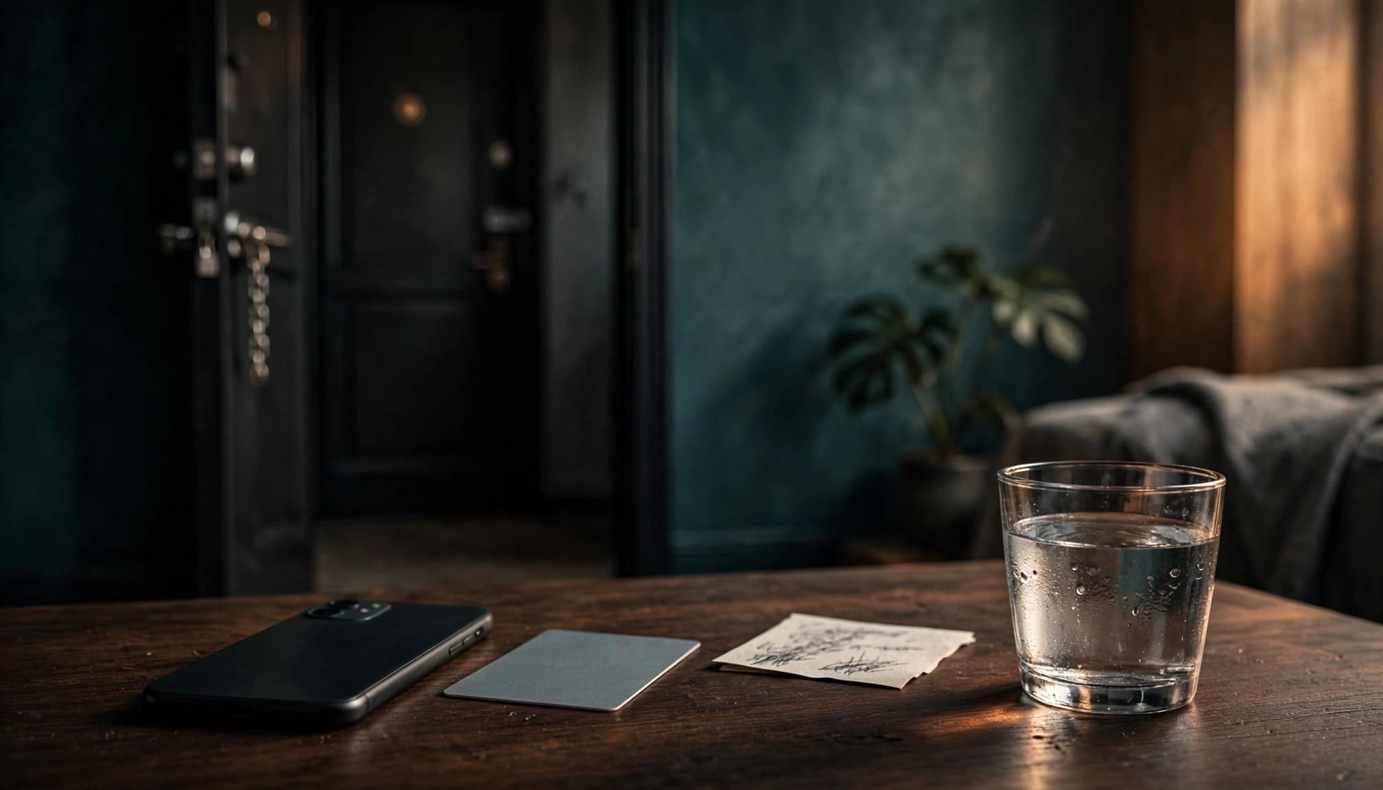 A phone, identity card, emergency card, and water glass sit on a dark table near a locked door.