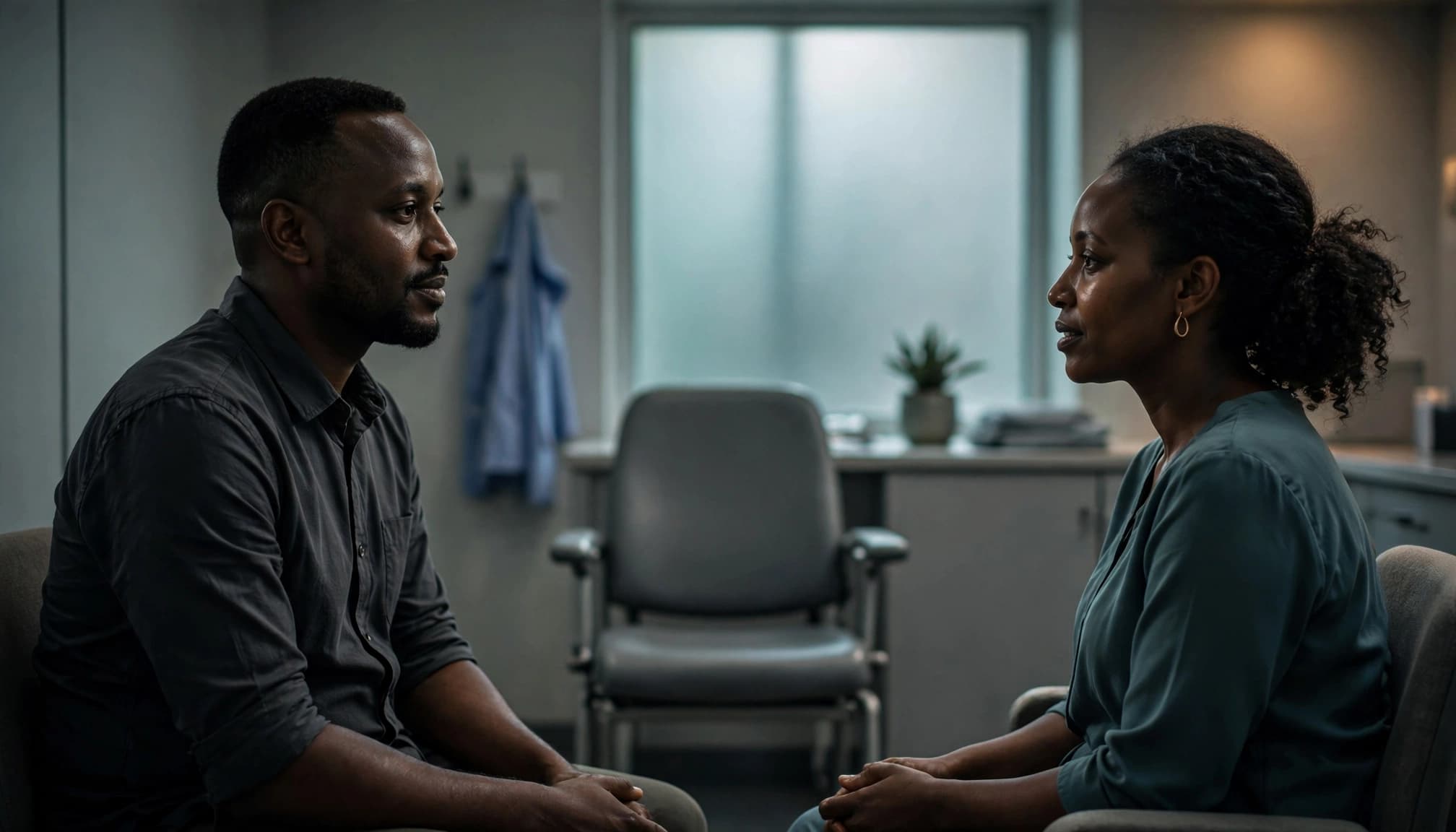 Two adults discuss health privately in a clinic room with an empty chair behind them.