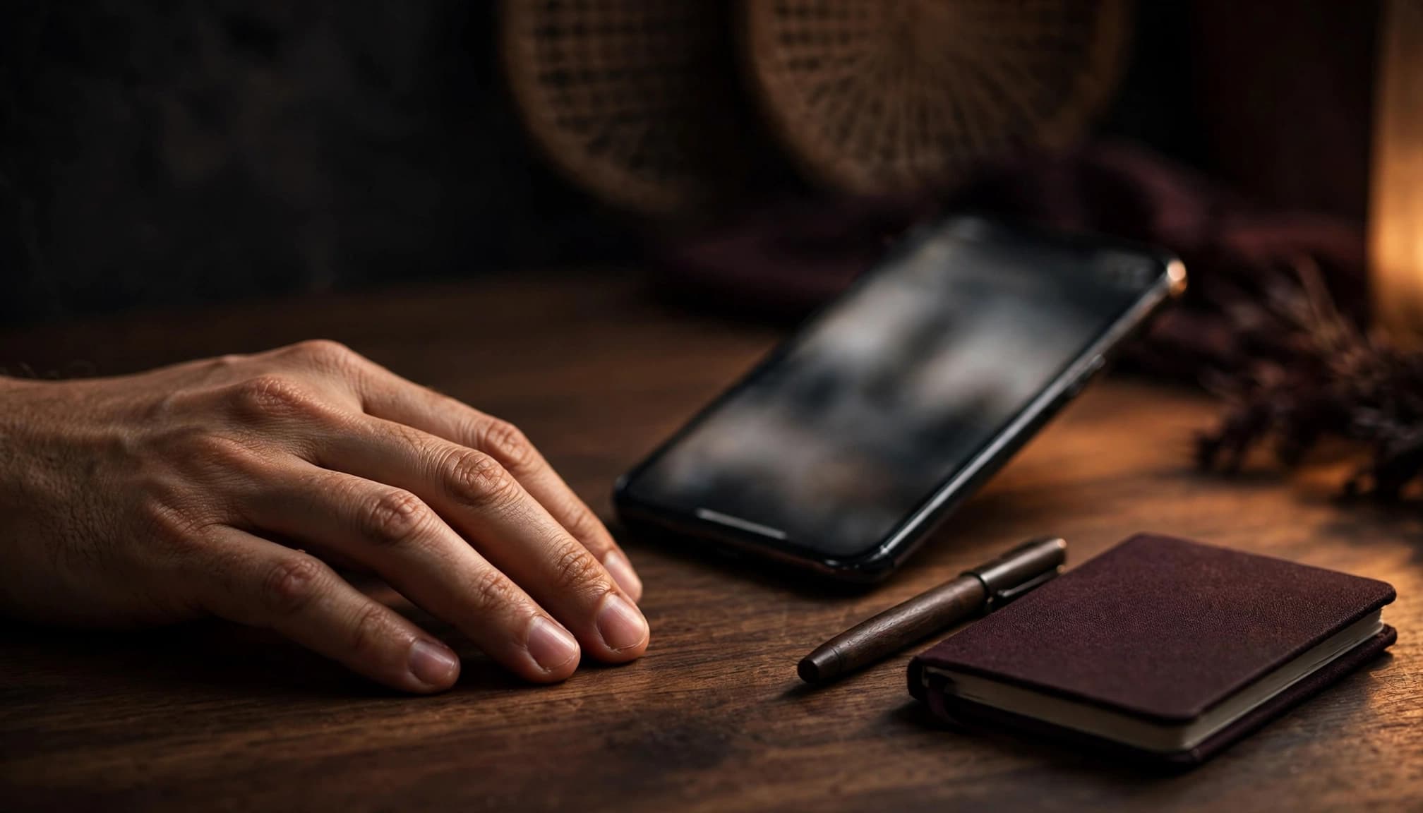 A hand beside a blurred phone, notebook, and pen on a walnut table.