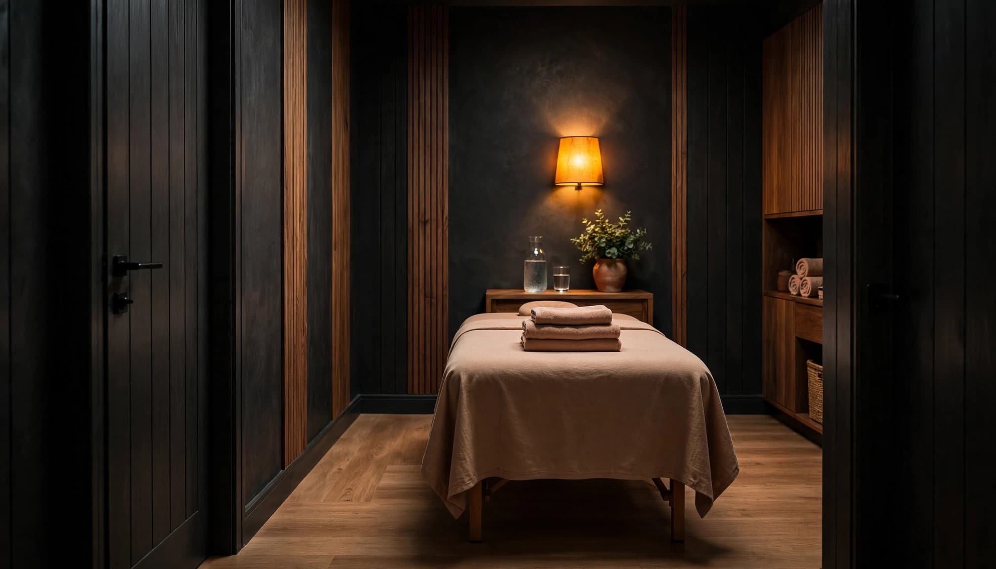 A tidy massage room with a covered table, towels, water, plant, and closed door.