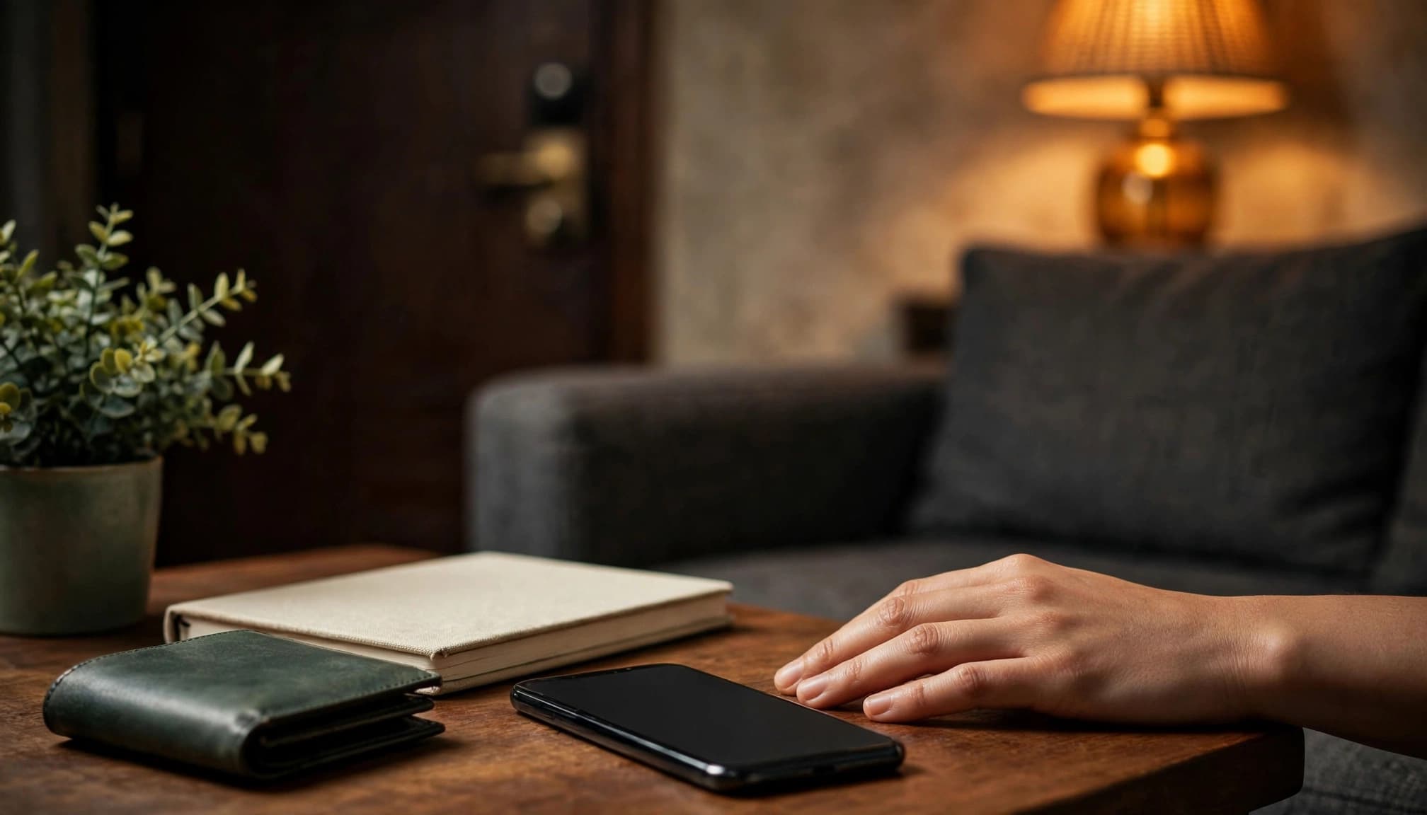 Female Escorts in Karen: A Discreet Safety Guide 3 A relaxed hand beside a blank phone, notebook, and wallet in a softly lit lounge.