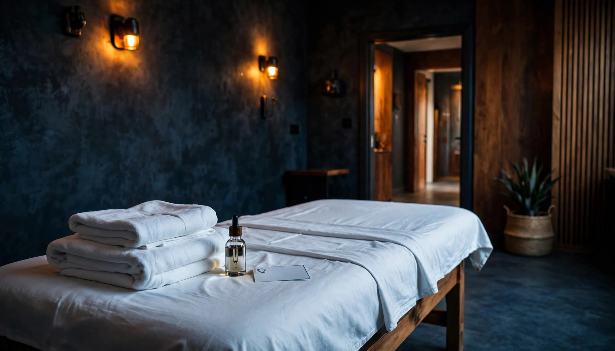 A clean massage room with folded towels, oil, and an open doorway.