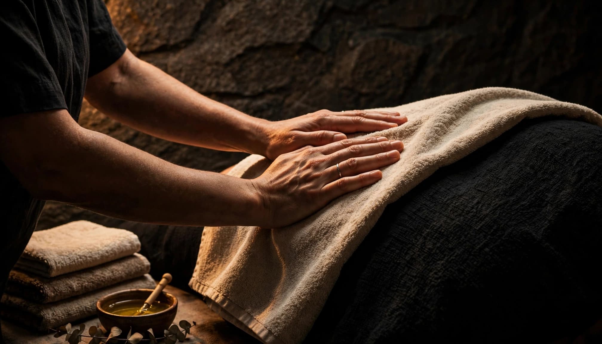 Female Companion Nairobi: What to Confirm Before Booking 3 A therapist massages a client's towel-covered upper back in a softly lit spa room.