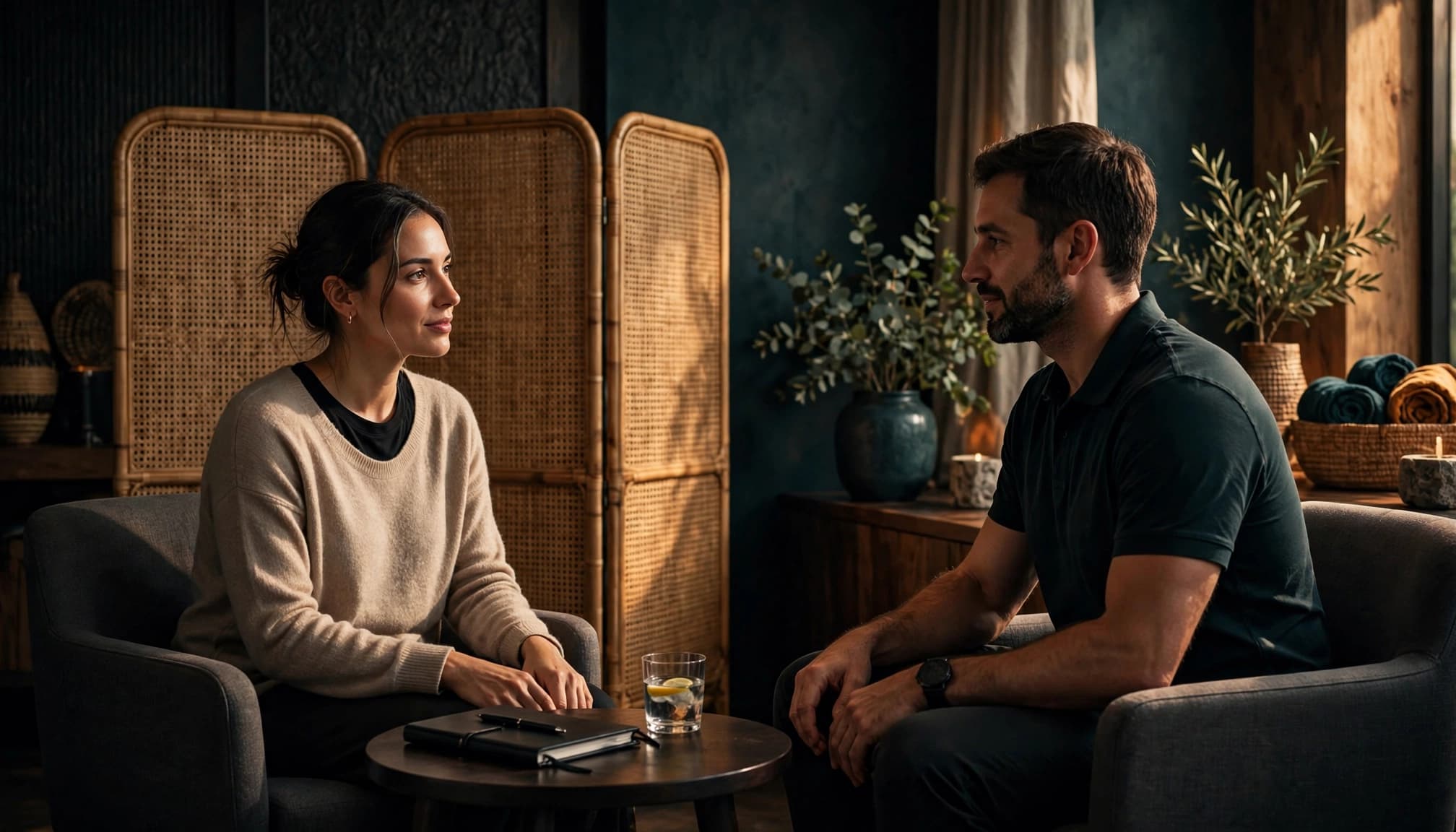 Two adults discuss wellness privately in a warmly lit spa reception.