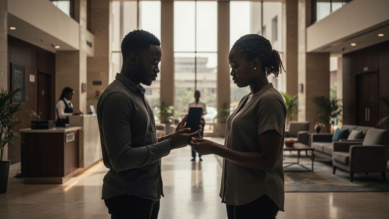 Two adults check an appointment on a phone in a bright hotel lobby.