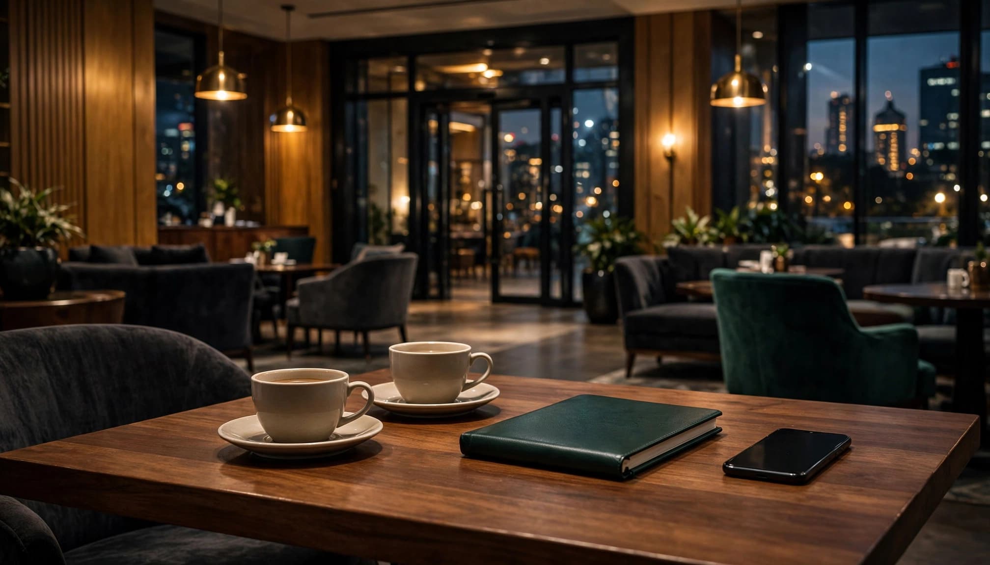 Cafe table with two coffees, a notebook, and a face-down phone near an open lounge.