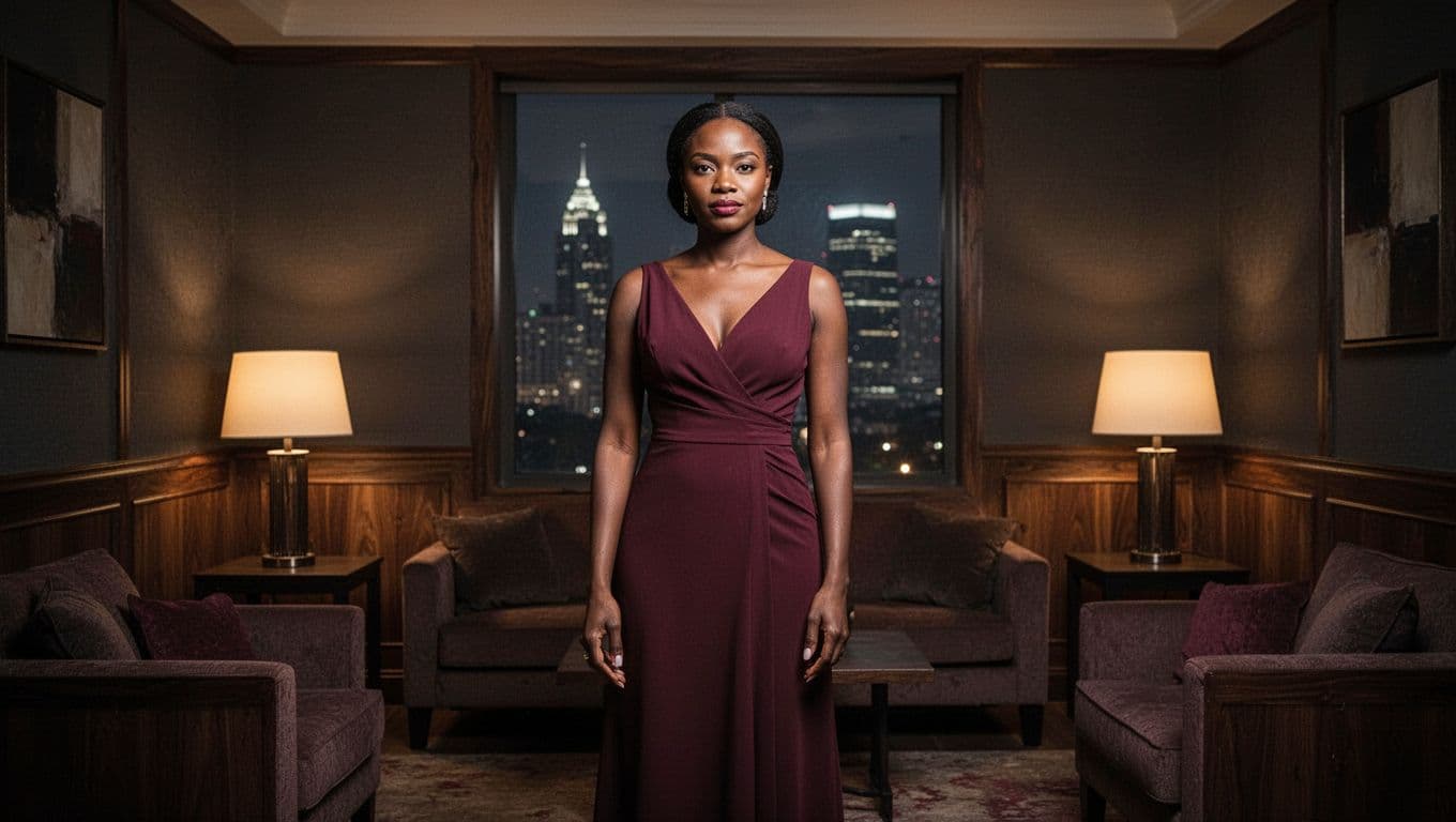 A wellness professional stands calmly in a warmly lit private lounge.